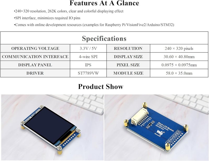 UBEEKOO وحدة شاشة LCD بحجم 2 بوصة متوافقة مع Raspberry Pi 5/4B/3B+/3B/Zero W/WH/Zero 2 W/Ardu/STM32، دقة 240 x 320، شاشة IPS، 262K لون، محرك ST7789VW، واجهة SPI - Image 4